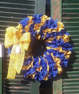 Blue and Gold burlap wreath with yellow ribbon