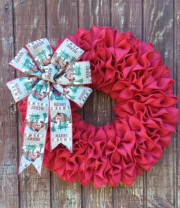 Red Burlap Christmas Wreath with Christmas Barn Bow